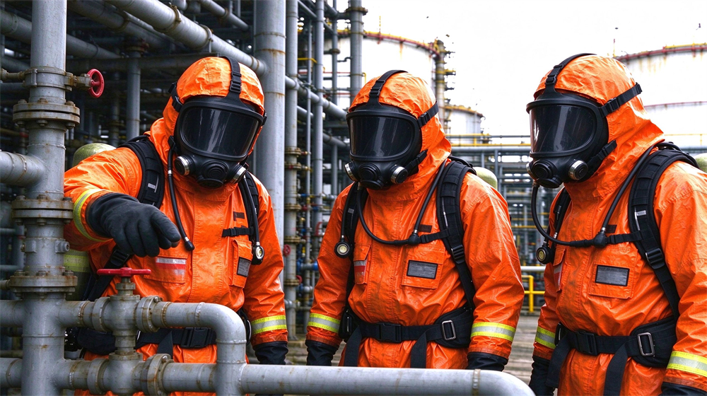 Three workers in orange chemical protective suits with full face respirators inspect pipeline valves inside industrial refinery plant
