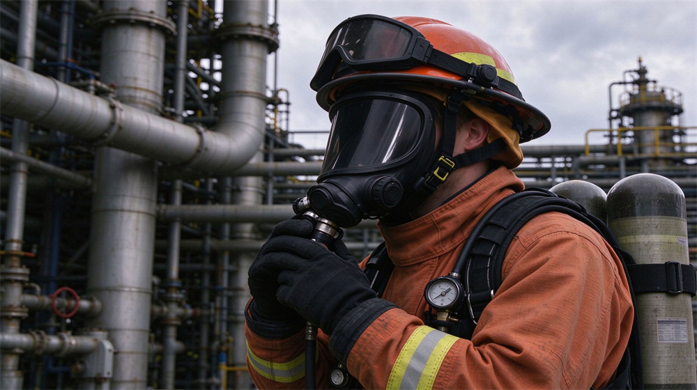 Firefighter wearing orange fire suit, safety helmet and full-face breathing apparatus carefully adjusts the air supply hose in petrochemical processing facility.