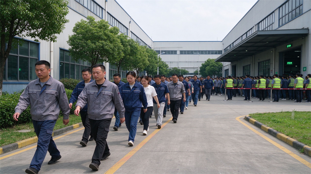 Factory workers in work uniforms walk orderly along factory passageway for emergency evacuation from industrial workshop area.