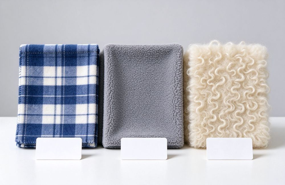 Comparison of blanket fabric swatches with different weaves and weights for drought relief selection, showing fabric options for blankets for drought relief programs