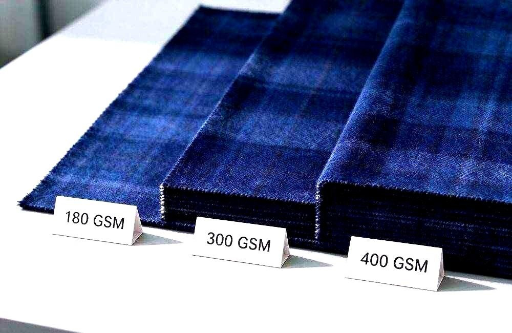 Comparison view of three folded flannel blanket samples labelled 180 GSM, 300 GSM and 400 GSM showing visible thickness difference on a neutral surface