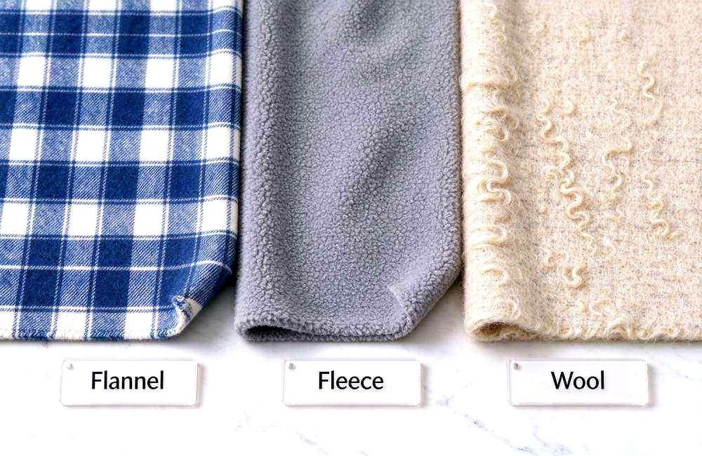 Comparison view of three fabric swatches labelled flannel, fleece and wool showing visible surface texture differences under even lighting, product detail shot