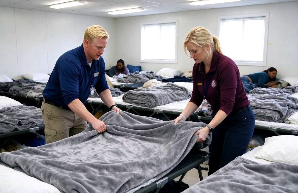 Wide view of European relief staff setting up beds with clean bedding and blankets inside a temporary flood shelter, bright interior, organised rows