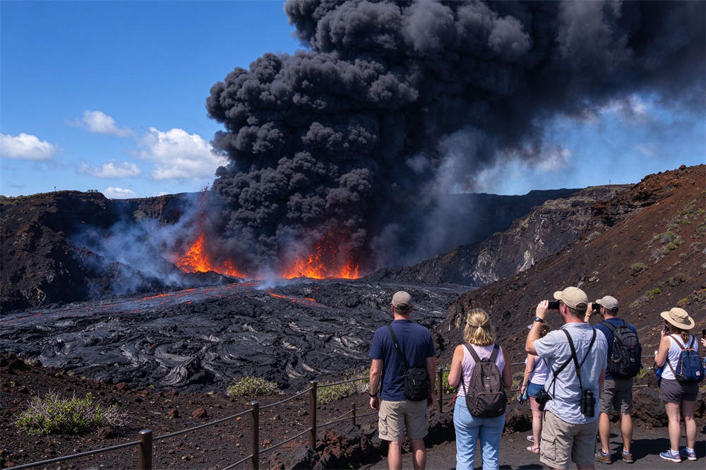 Dramatic volcano eruption with caucasian tourists watching from safe distance, volcanic ash preparedness and evacuation awareness