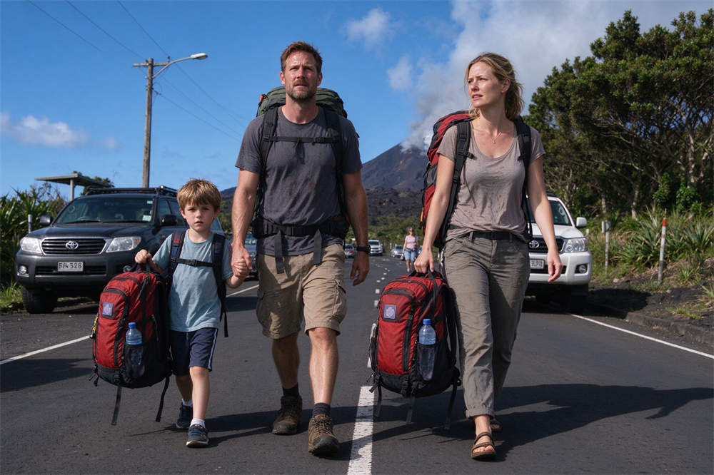 Family evacuating volcano area with emergency go bags, volcanic eruption evacuation planning and volcano emergency kit supplies