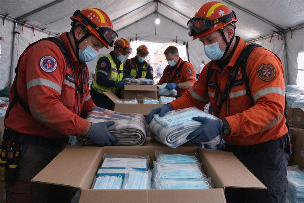 Rescue workers unboxing blankets and masks for distribution, volcano eruption relief supplies for international aid