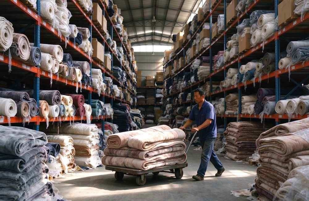 Warehouse worker moves stacked rolls of wool blend blanket fabric with a hand trolley inside a large textile raw material storage warehouse