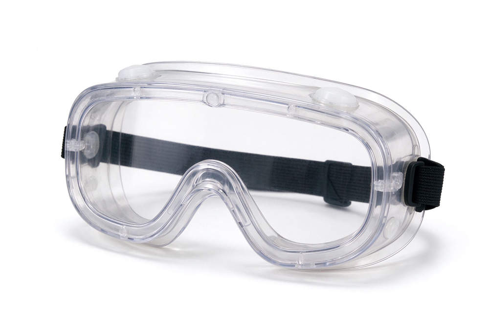 Clear protective safety goggles sealing around eyes, eye protection for dust storm, industrial sand safety equipment