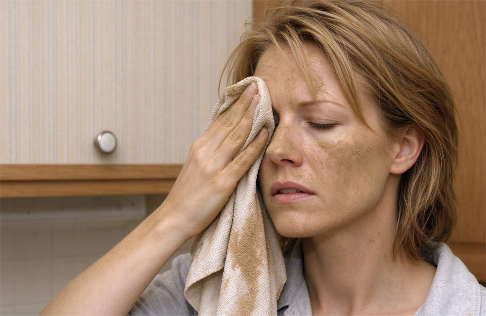 Caucasian woman wiping dust off face with damp cloth after sandstorm, personal hygiene and cleanup after dust storm